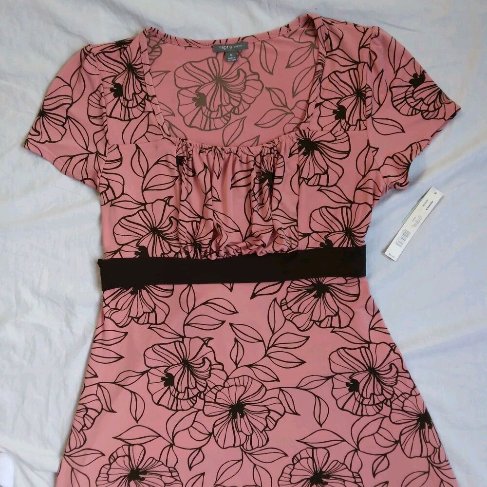 VTG Apt 9 Brown Pink Floral Stretch Babydoll Dress Tie Back Y2K 90s Women's M - Picture 2 of 9